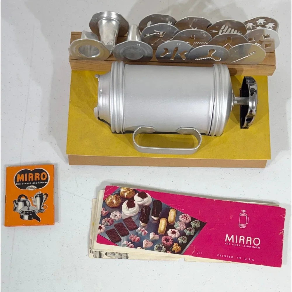 Mirro Cookie Press Pastry Set Silver Aluminum Vintage MCM 12 Discs 3 Tips Baking